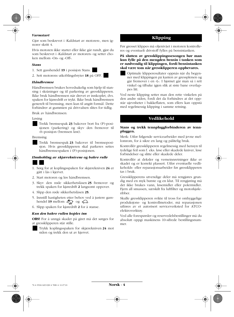 Klipping vedlikehold | Atco ROYALE 20E I/C User Manual | Page 76 / 104