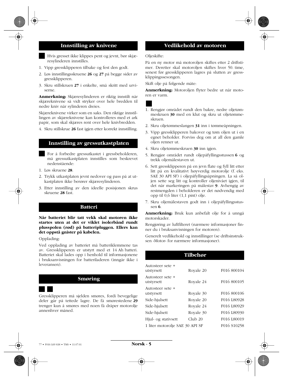 Vedlikehold av motoren tilbehør | Atco ROYALE 20E I/C User Manual | Page 77 / 104