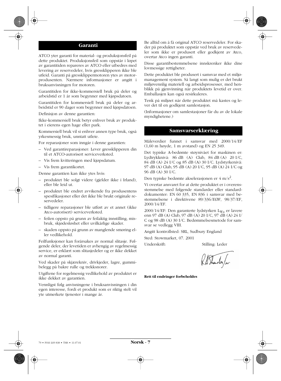 Garanti samsvarserklæring | Atco ROYALE 20E I/C User Manual | Page 79 / 104