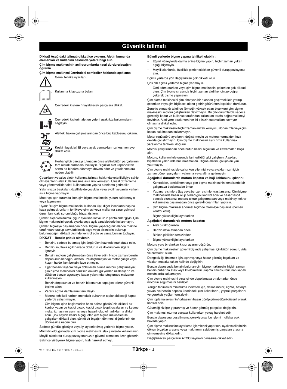 Güvenlik talimat, Türkçe - 1 | Atco ROYALE 20E I/C User Manual | Page 95 / 104