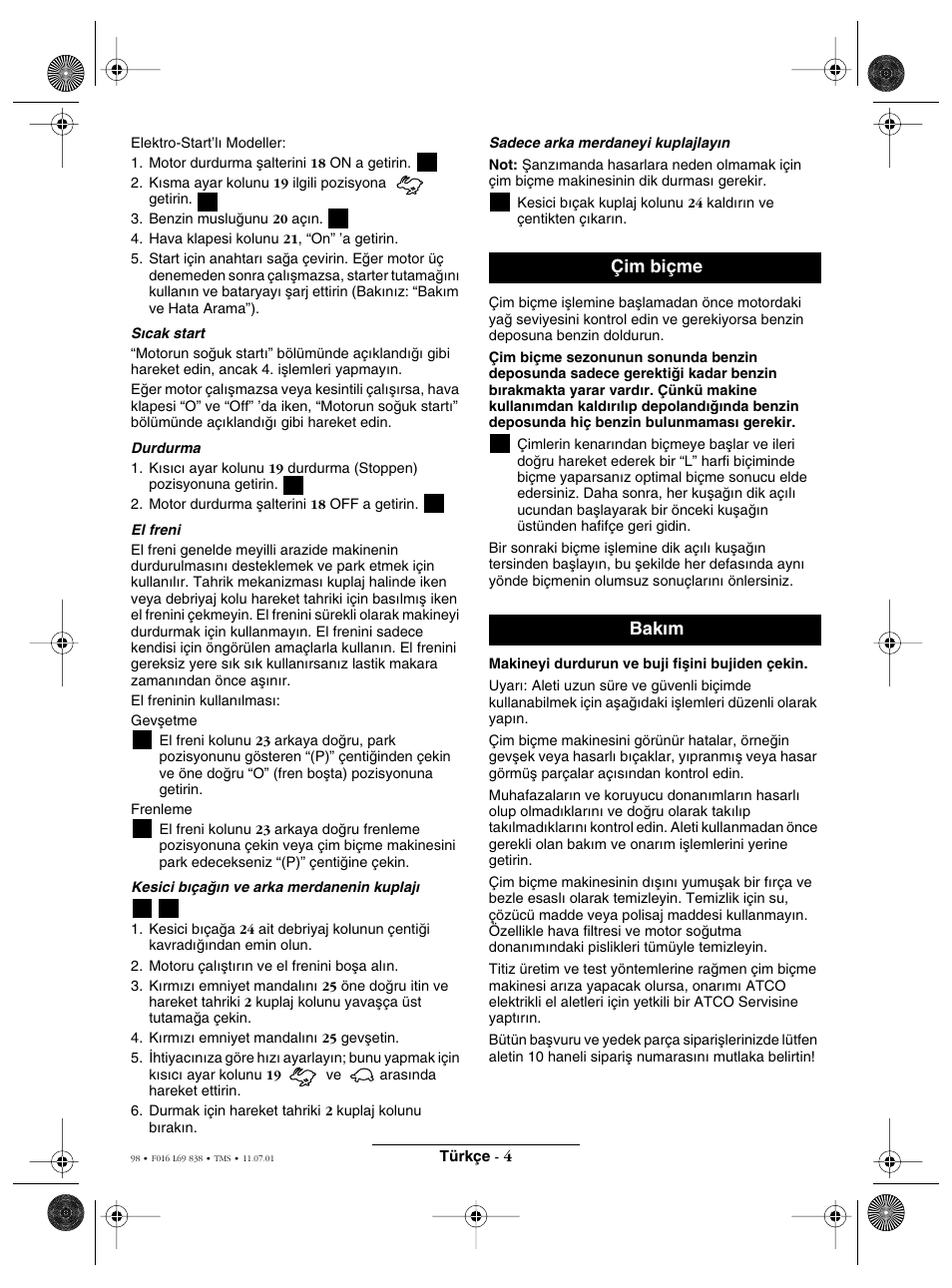 Çim biçme bak∂m | Atco ROYALE 20E I/C User Manual | Page 98 / 104