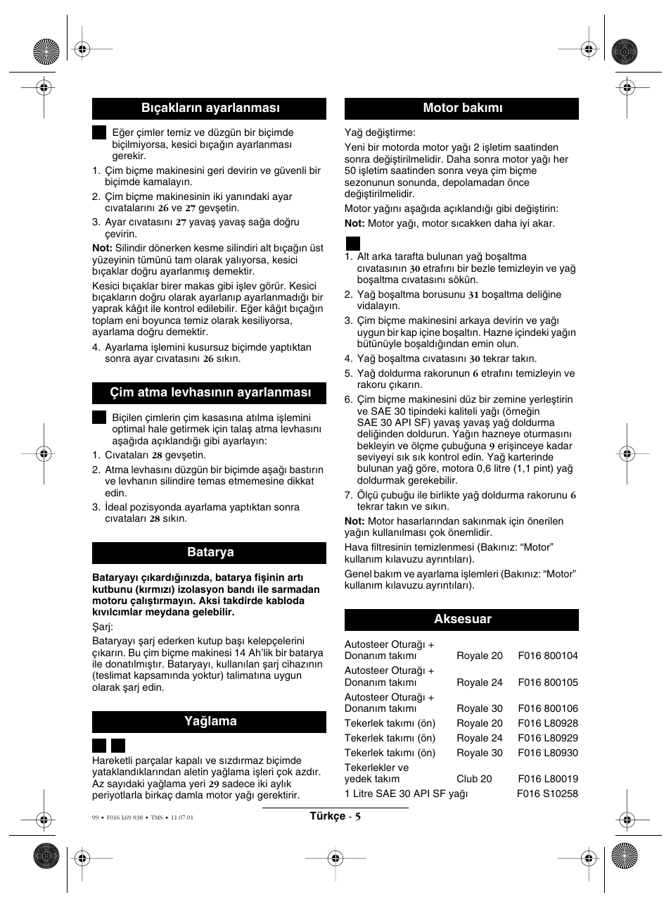 Motor bak∂m∂ aksesuar | Atco ROYALE 20E I/C User Manual | Page 99 / 104