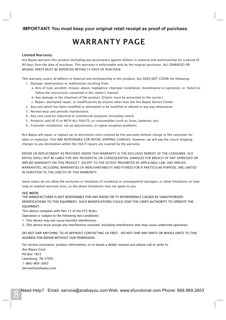Warranty page | X Rockers 06106 User Manual | Page 8 / 8