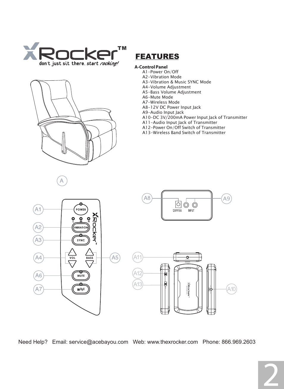 Sync manual 2.pdf, Features, A-control panel | X Rockers 06109 User Manual | Page 2 / 8