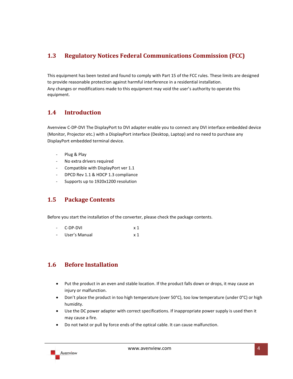 Introduction, Package contents, Before installation | 4 introduction, 5 package contents, 6 before installation | Avenview C-DP-DVI User Manual | Page 4 / 7