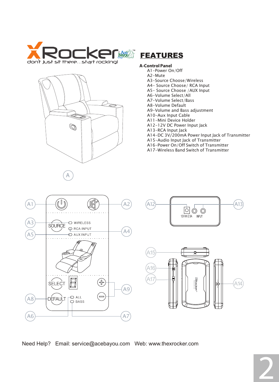 Sync manual 2.pdf, Features, A-control panel | X Rockers 06113 User Manual | Page 2 / 10