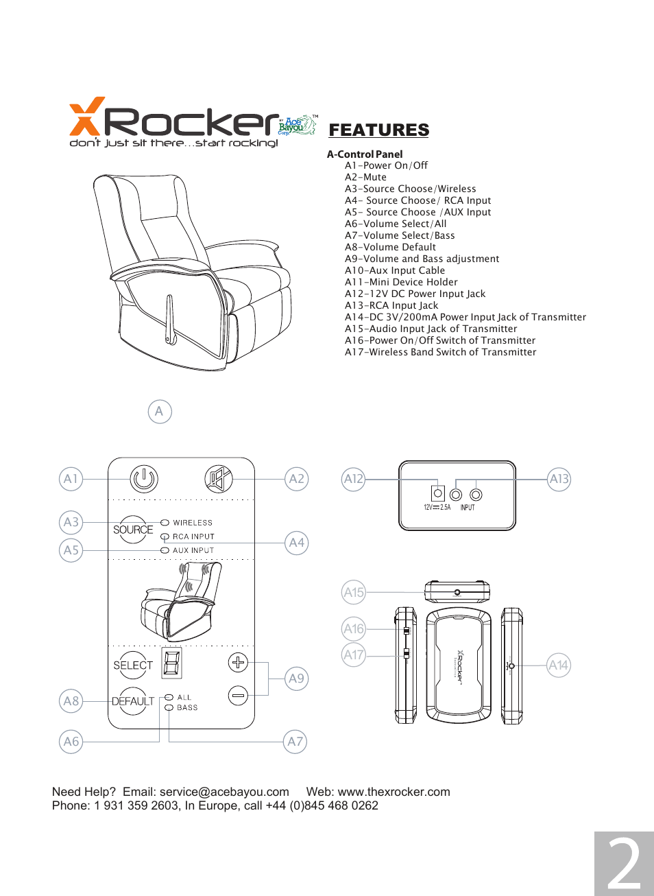 Deluxe manual 2.pdf, Features, A-control panel | X Rockers 06114 User Manual | Page 2 / 12