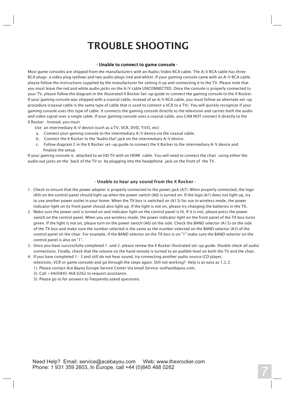 Trouble shooting | X Rockers 51245 User Manual | Page 7 / 8