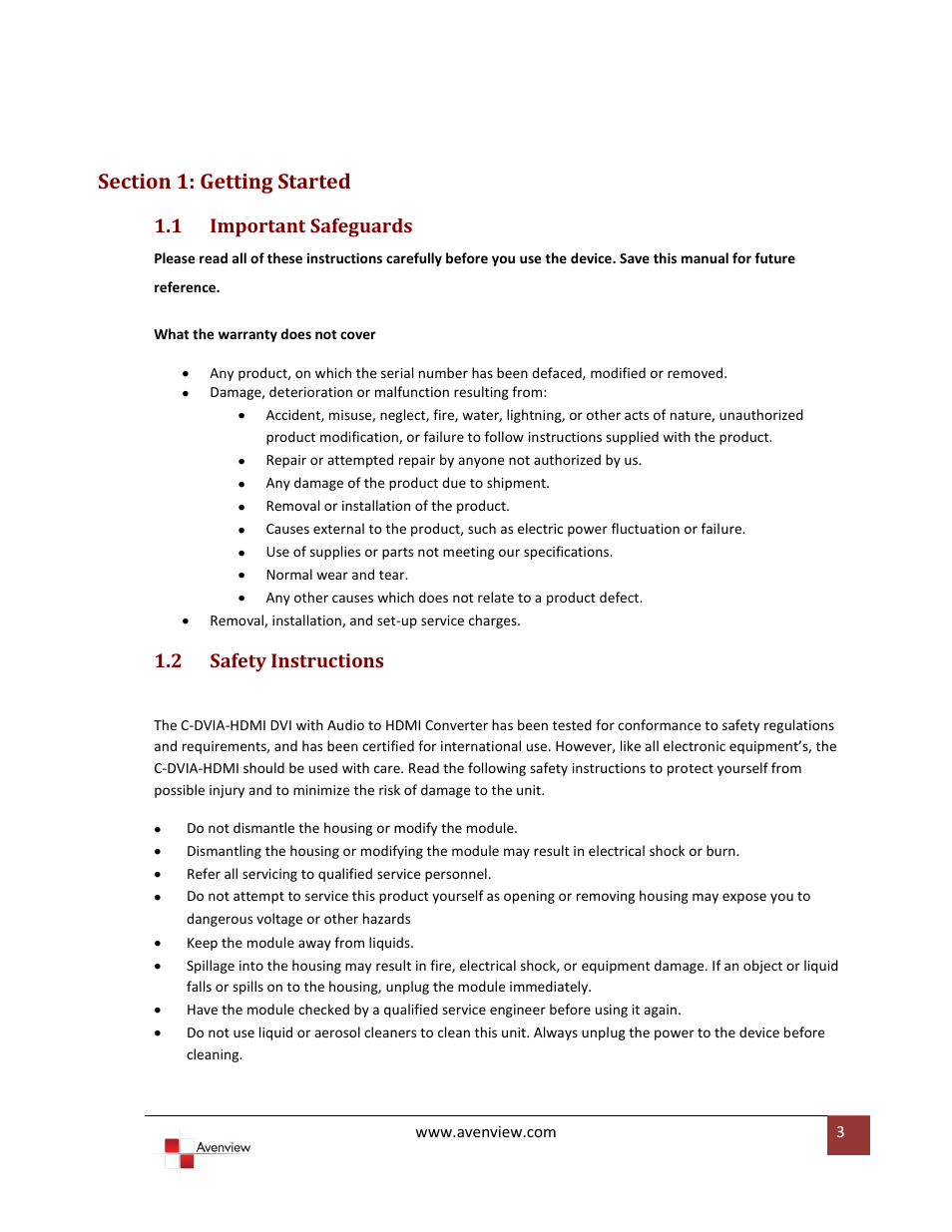 Section 1: getting started, Important safeguards, Safety instructions | 1 important safeguards, 2 safety instructions | Avenview C-DVIA-HDMI User Manual | Page 3 / 10