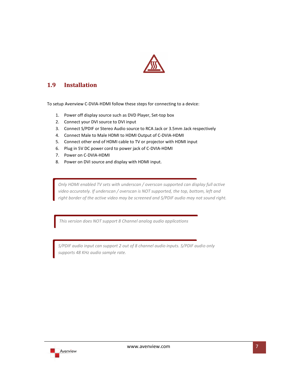 Installation, 9 installation | Avenview C-DVIA-HDMI User Manual | Page 7 / 10