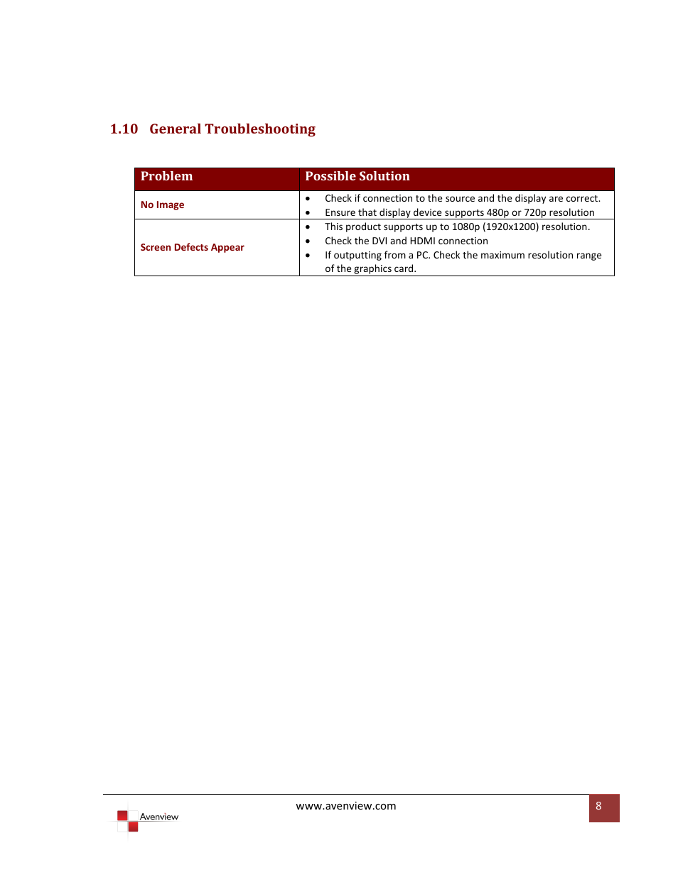 General troubleshooting, 10 general troubleshooting | Avenview C-DVIA-HDMI User Manual | Page 8 / 10