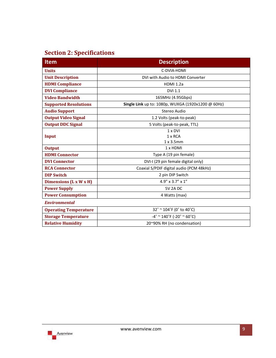 Section 2: specifications | Avenview C-DVIA-HDMI User Manual | Page 9 / 10