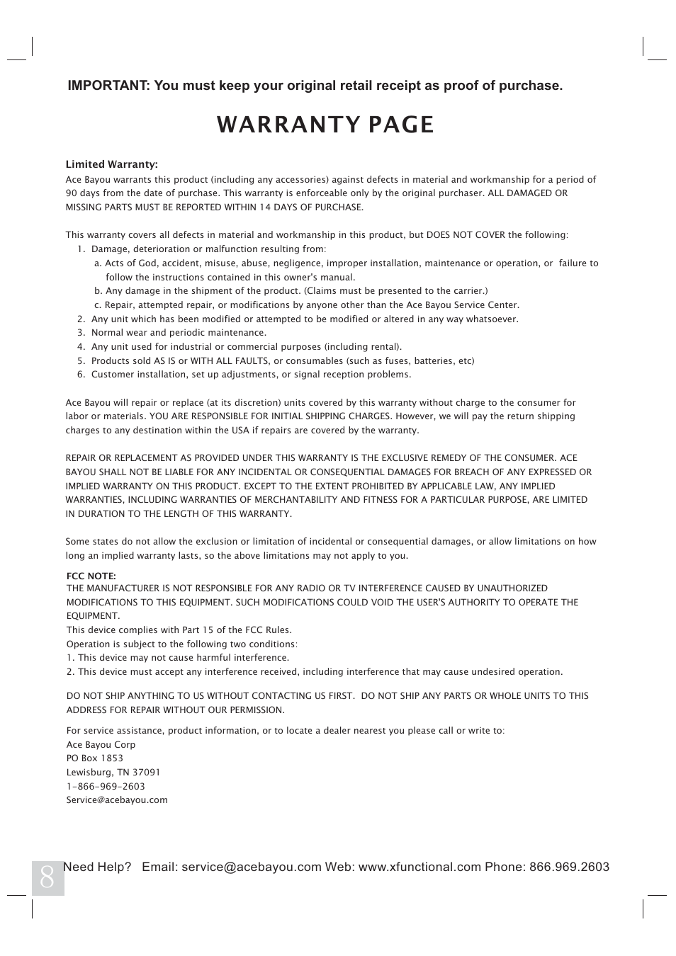 Warranty page | X Rockers 51259-X User Manual | Page 8 / 8