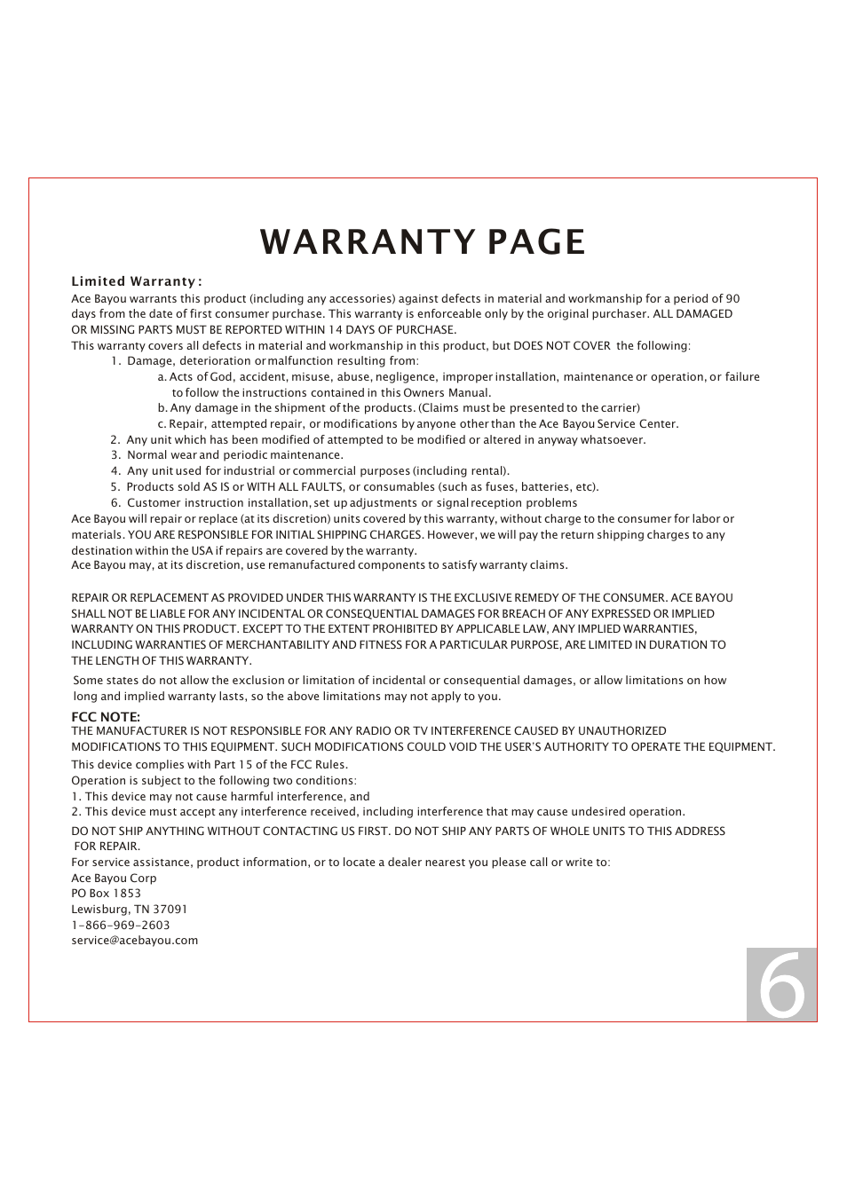 Warranty page | X Rockers 51259 User Manual | Page 6 / 6