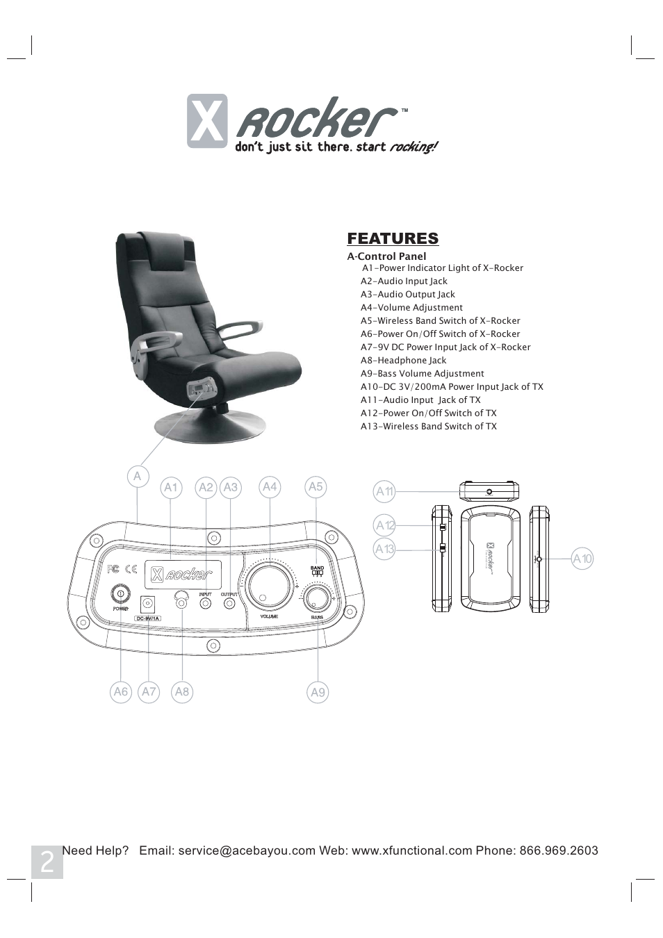 Features, A-control panel | X Rockers 51277 User Manual | Page 2 / 8
