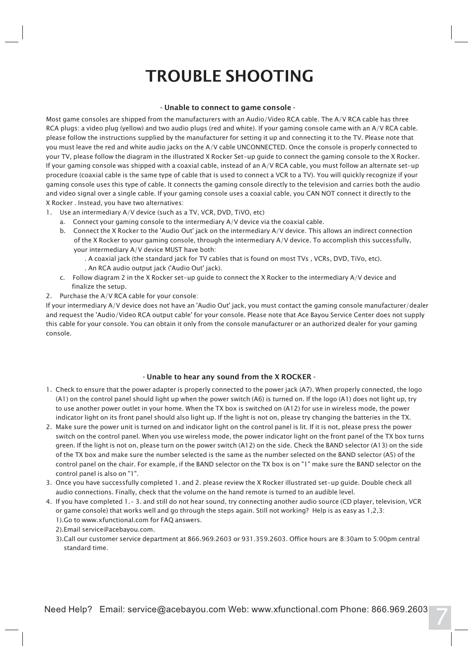 Trouble shooting | X Rockers 51277 User Manual | Page 7 / 8