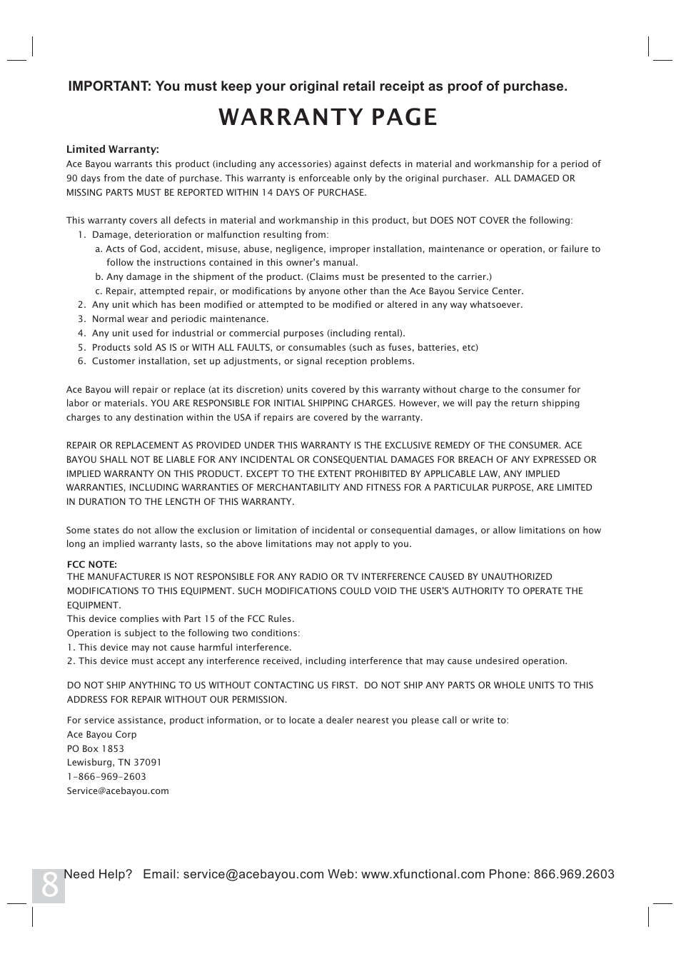 Warranty page | X Rockers 51277 User Manual | Page 8 / 8