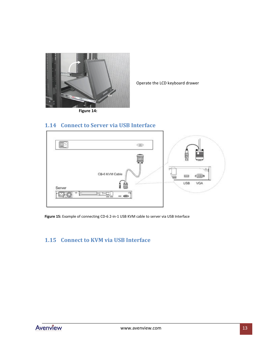 Connect to server via usb interface, Connect to kvm via usb interface | Avenview RKVM-17-Dslide User Manual | Page 13 / 25