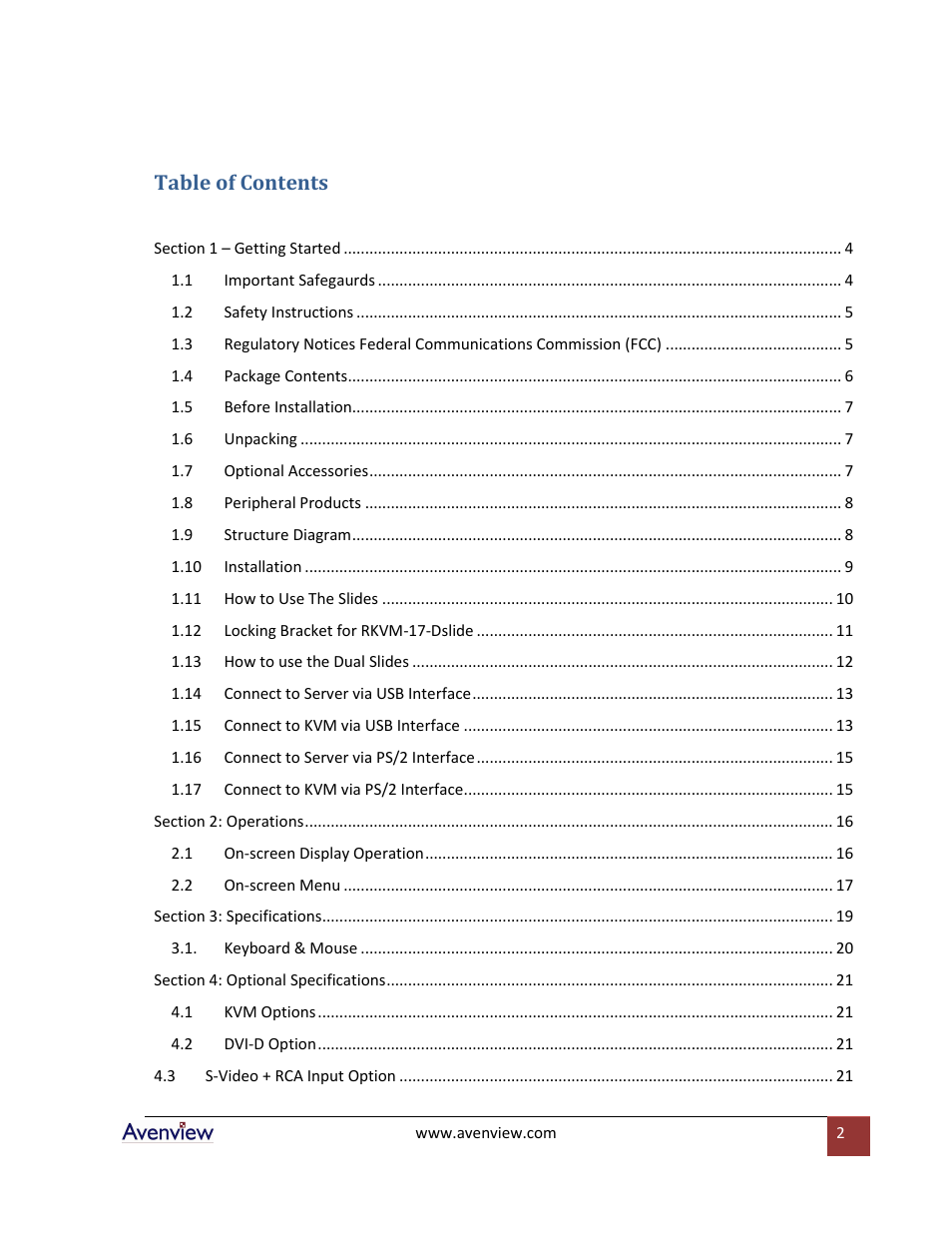 Avenview RKVM-17-Dslide User Manual | Page 2 / 25
