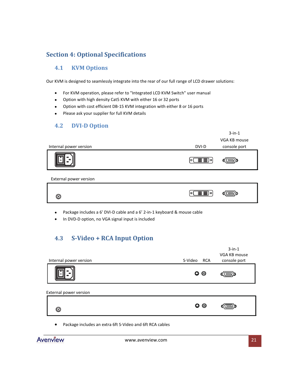 Section 4: optional specifications, Kvm options, Dvi-d option | S-video + rca input option, 1 kvm options, 2 dvi-d option | Avenview RKVM-17-Dslide User Manual | Page 21 / 25