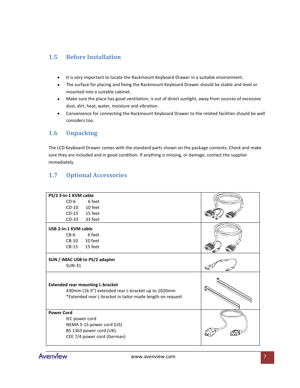 Before installation, Unpacking, Optional accessories | 5 before installation, 6 unpacking, 7 optional accessories | Avenview RKVM-17-Dslide User Manual | Page 7 / 25