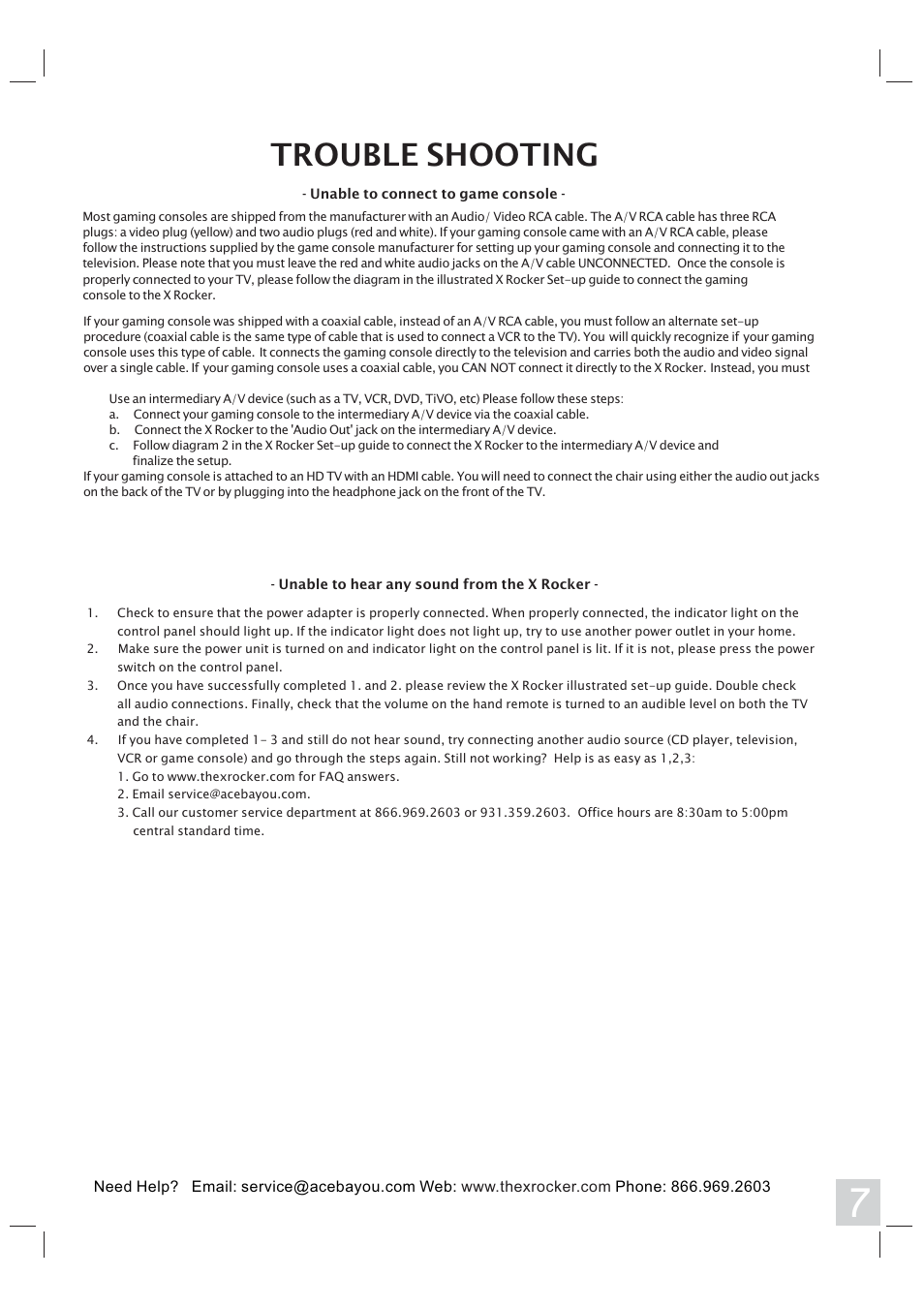 Trouble shooting | X Rockers 51333 User Manual | Page 7 / 8