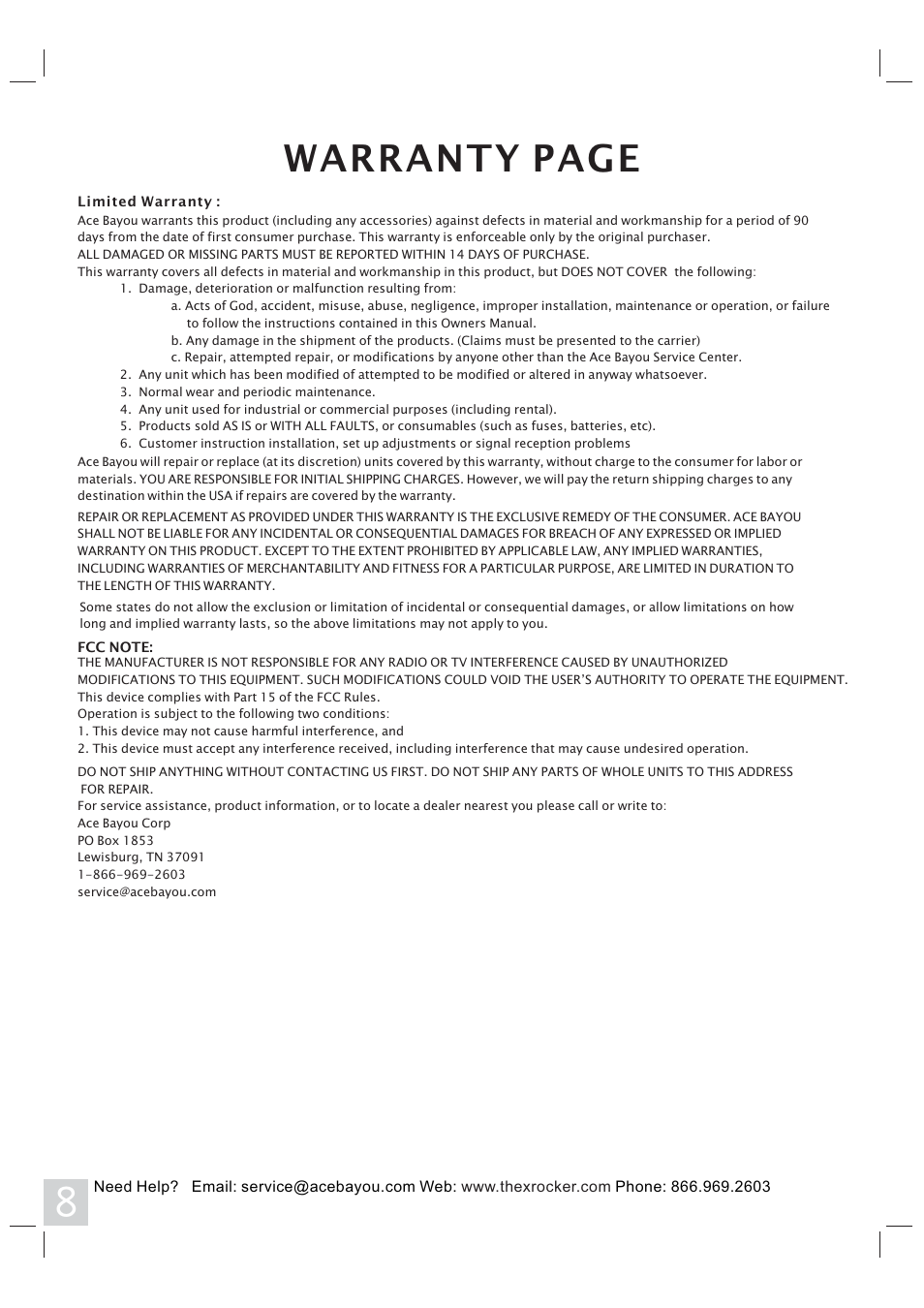 Warranty page | X Rockers 51333 User Manual | Page 8 / 8
