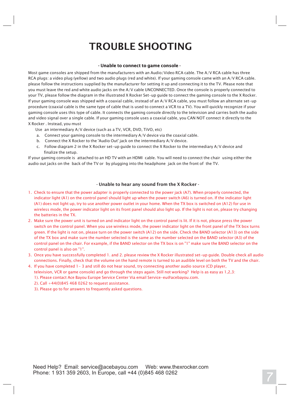 Trouble shooting | X Rockers 51368 User Manual | Page 7 / 8