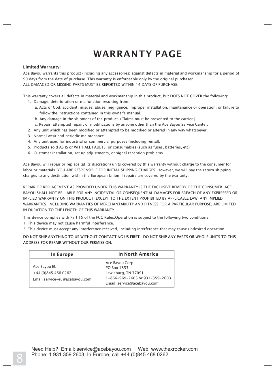 Warranty page | X Rockers 51368 User Manual | Page 8 / 8
