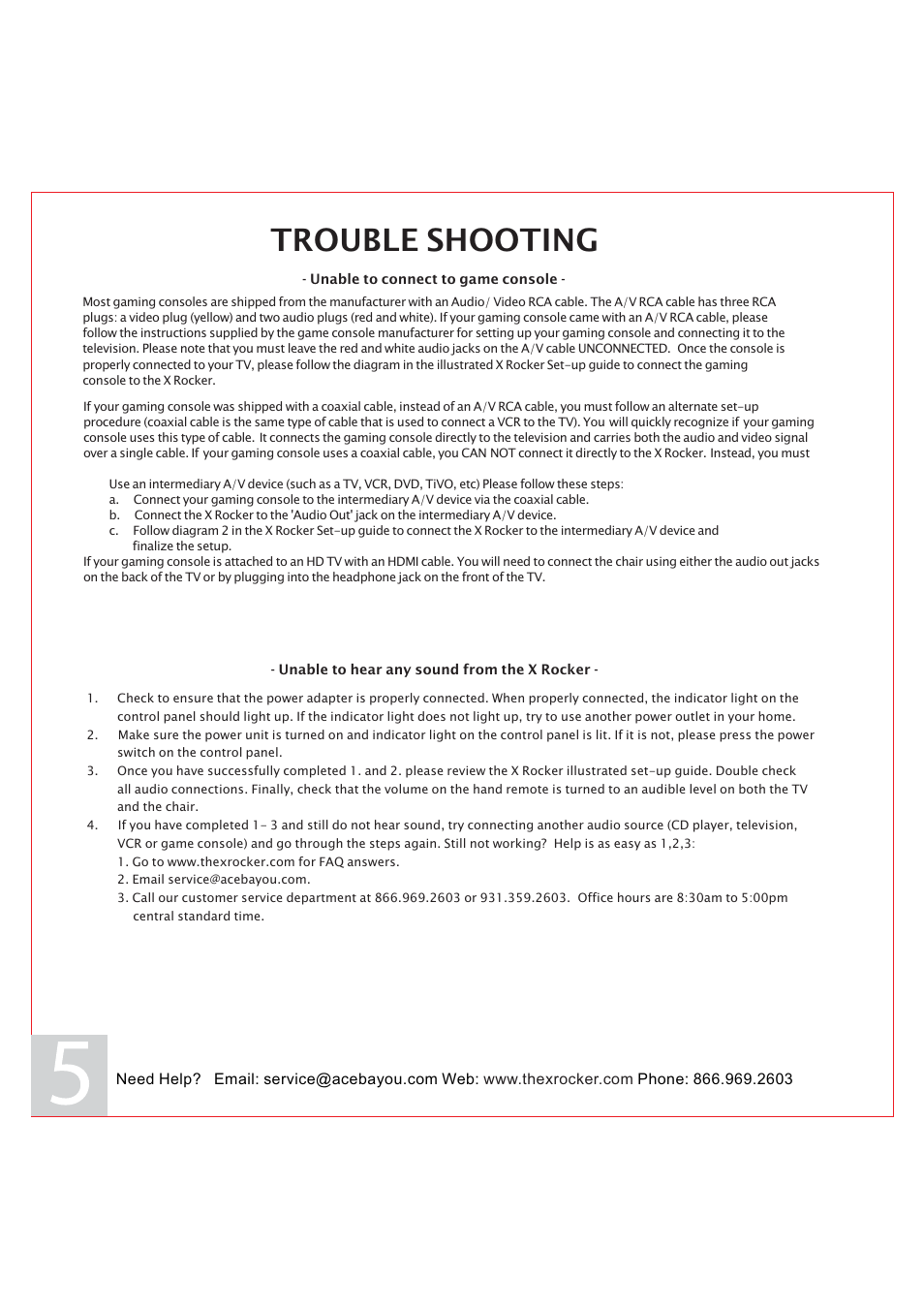 Trouble shooting | X Rockers 51413 User Manual | Page 5 / 6
