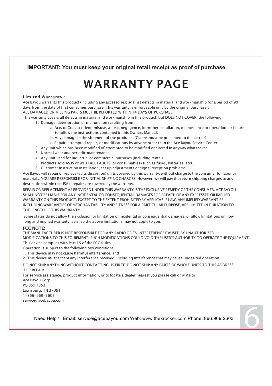 Warranty page | X Rockers 51413 User Manual | Page 6 / 6