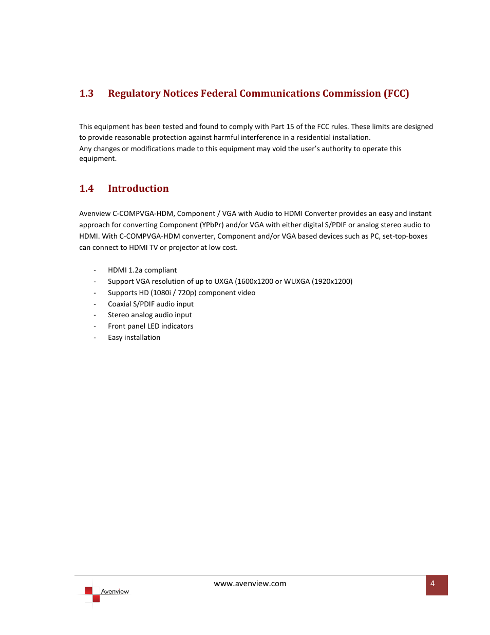 Introduction, 4 introduction | Avenview C-COMPVGA-HDM User Manual | Page 4 / 12