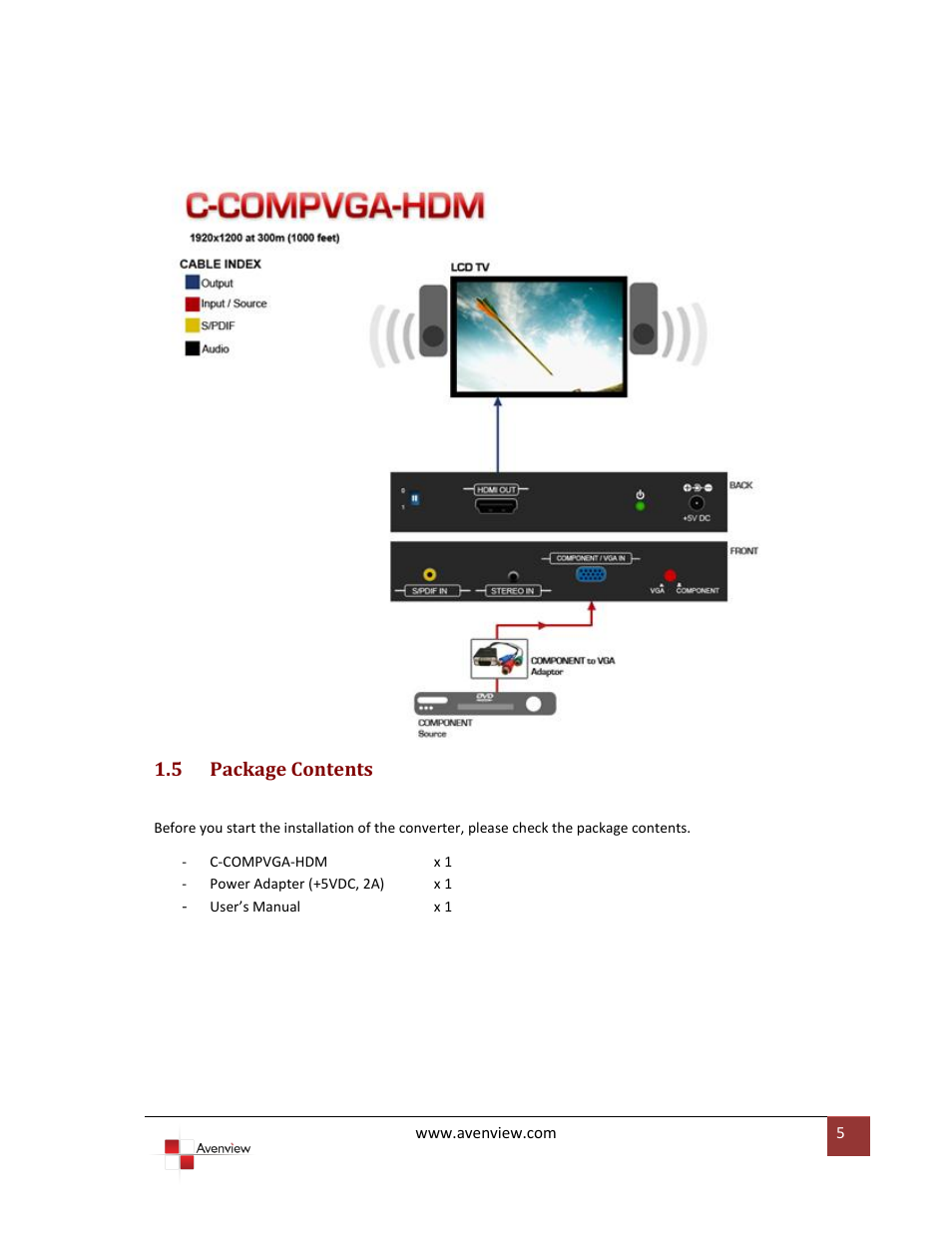 Package contents, 5 package contents | Avenview C-COMPVGA-HDM User Manual | Page 5 / 12