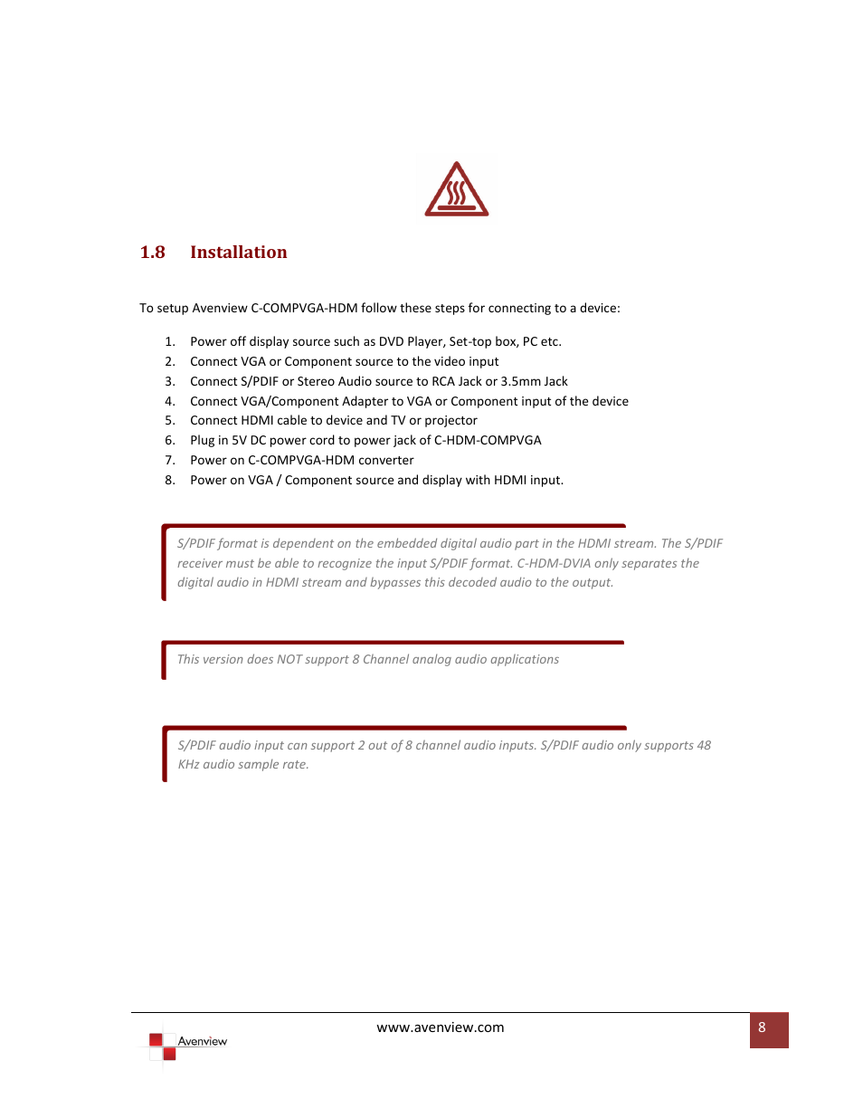 Installation, 8 installation | Avenview C-COMPVGA-HDM User Manual | Page 8 / 12