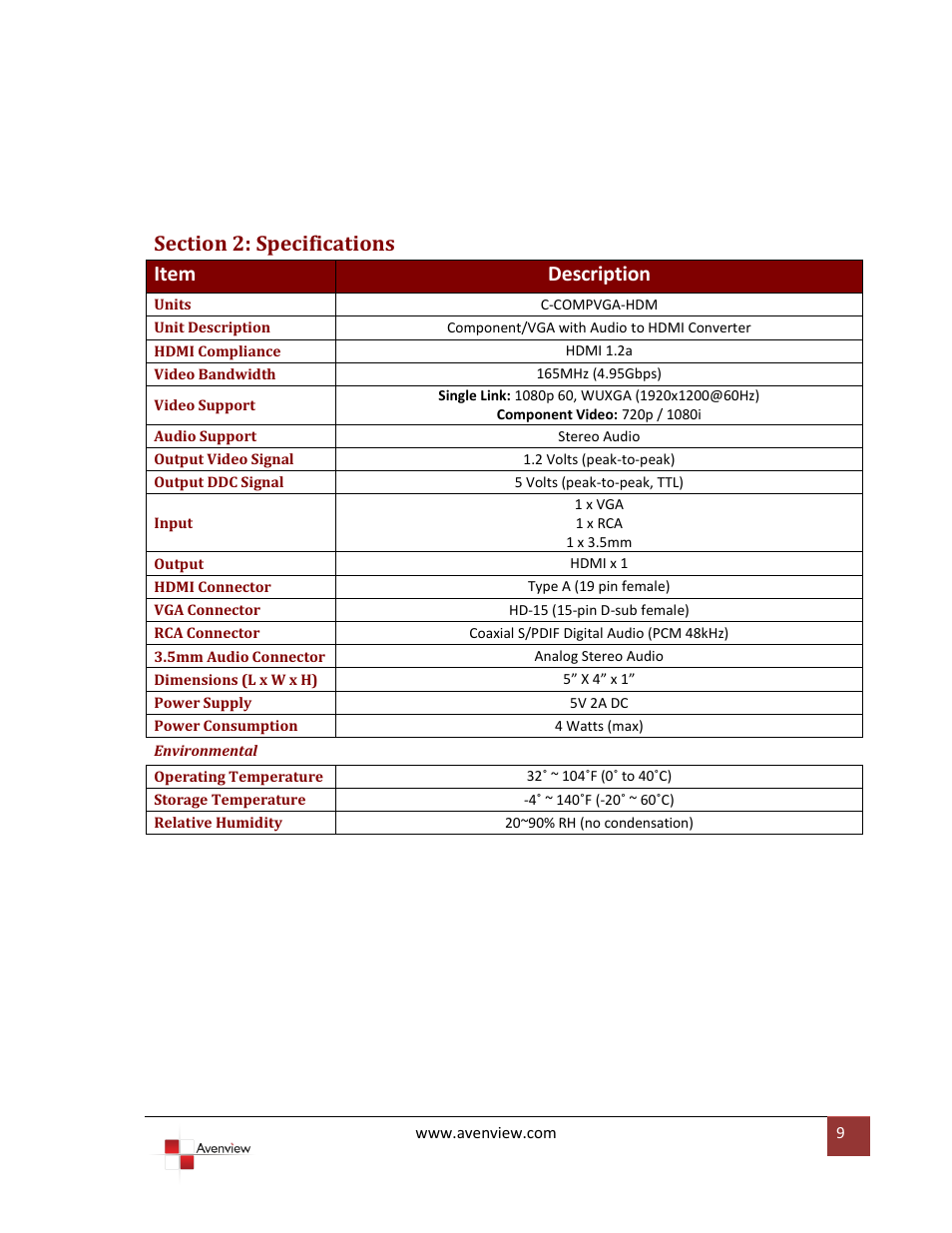 Section 2: specifications | Avenview C-COMPVGA-HDM User Manual | Page 9 / 12