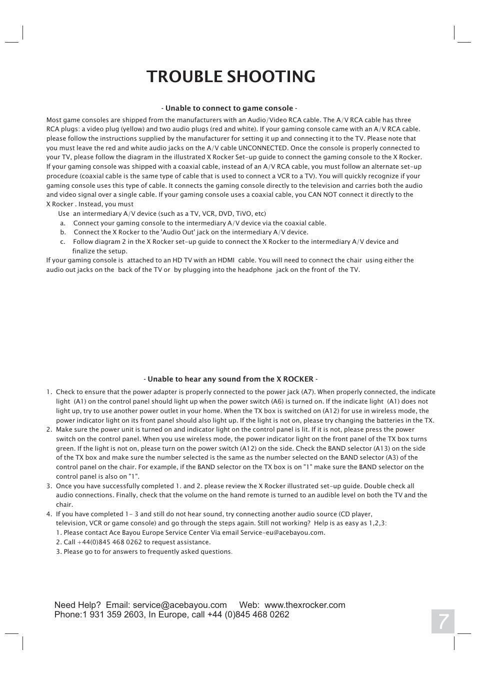 Trouble shooting | X Rockers 51437 User Manual | Page 7 / 8