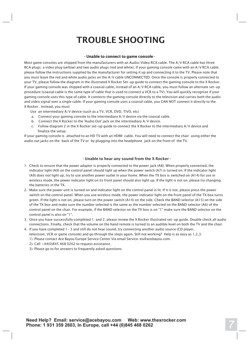 Trouble shooting | X Rockers 51458 User Manual | Page 7 / 8