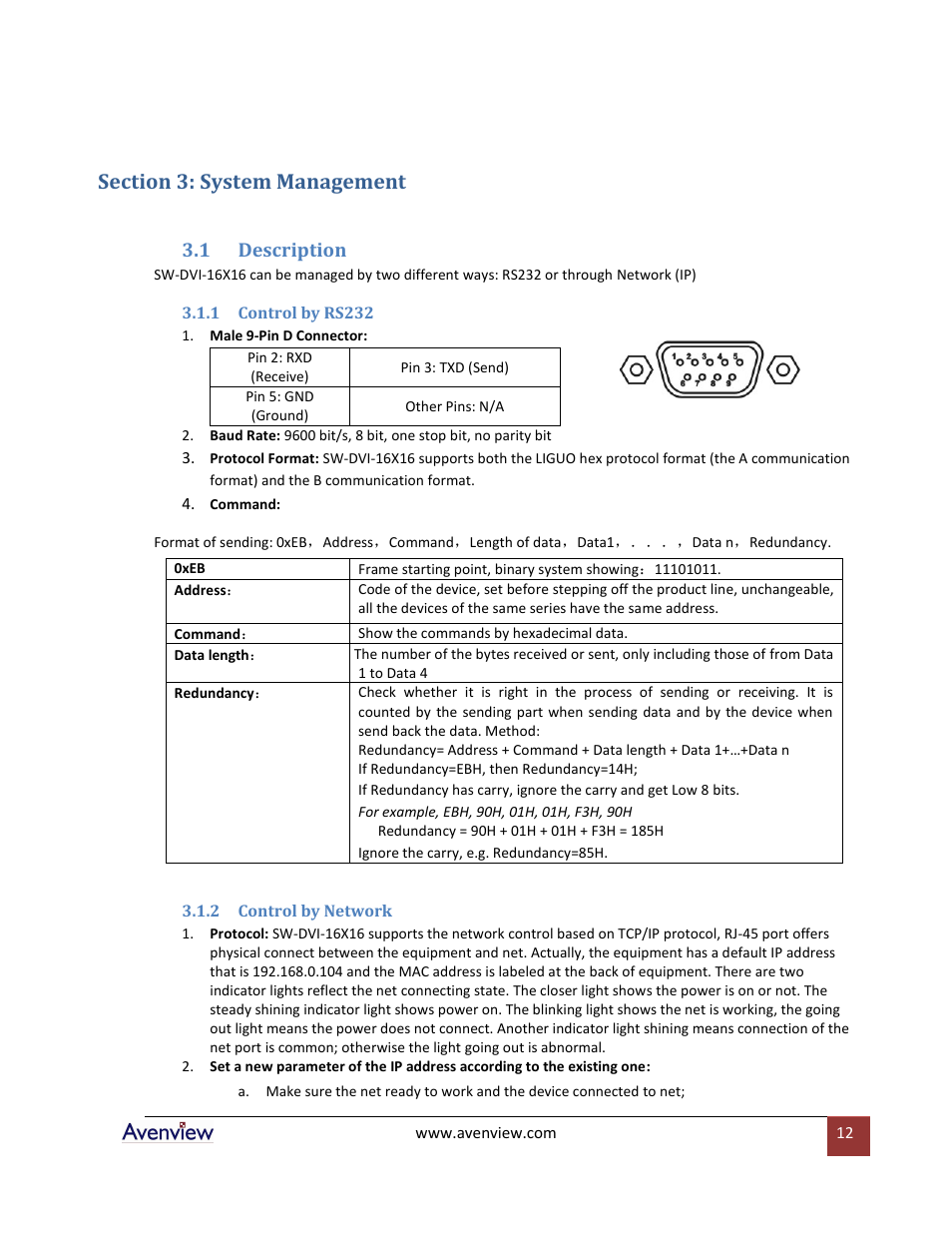 Section 3: system management, Description, Control by rs232 | Control by network, 1 description | Avenview SW-DVI-16X16 User Manual | Page 12 / 29