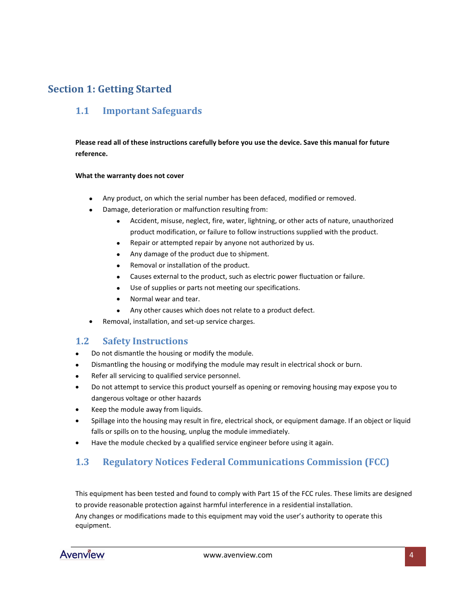 Section 1: getting started, Important safeguards, Safety instructions | 1 important safeguards, 2 safety instructions | Avenview SW-DVI-16X16 User Manual | Page 4 / 29