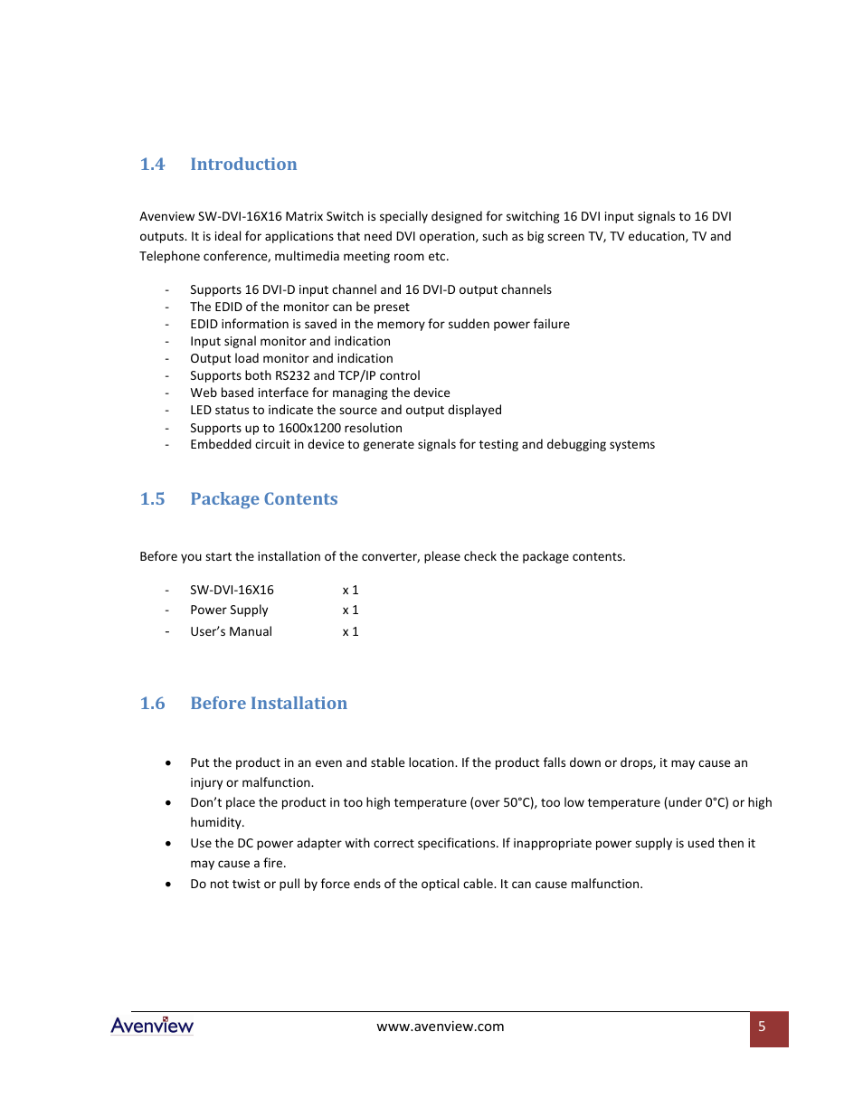 Introduction, Package contents, Before installation | 4 introduction, 5 package contents, 6 before installation | Avenview SW-DVI-16X16 User Manual | Page 5 / 29