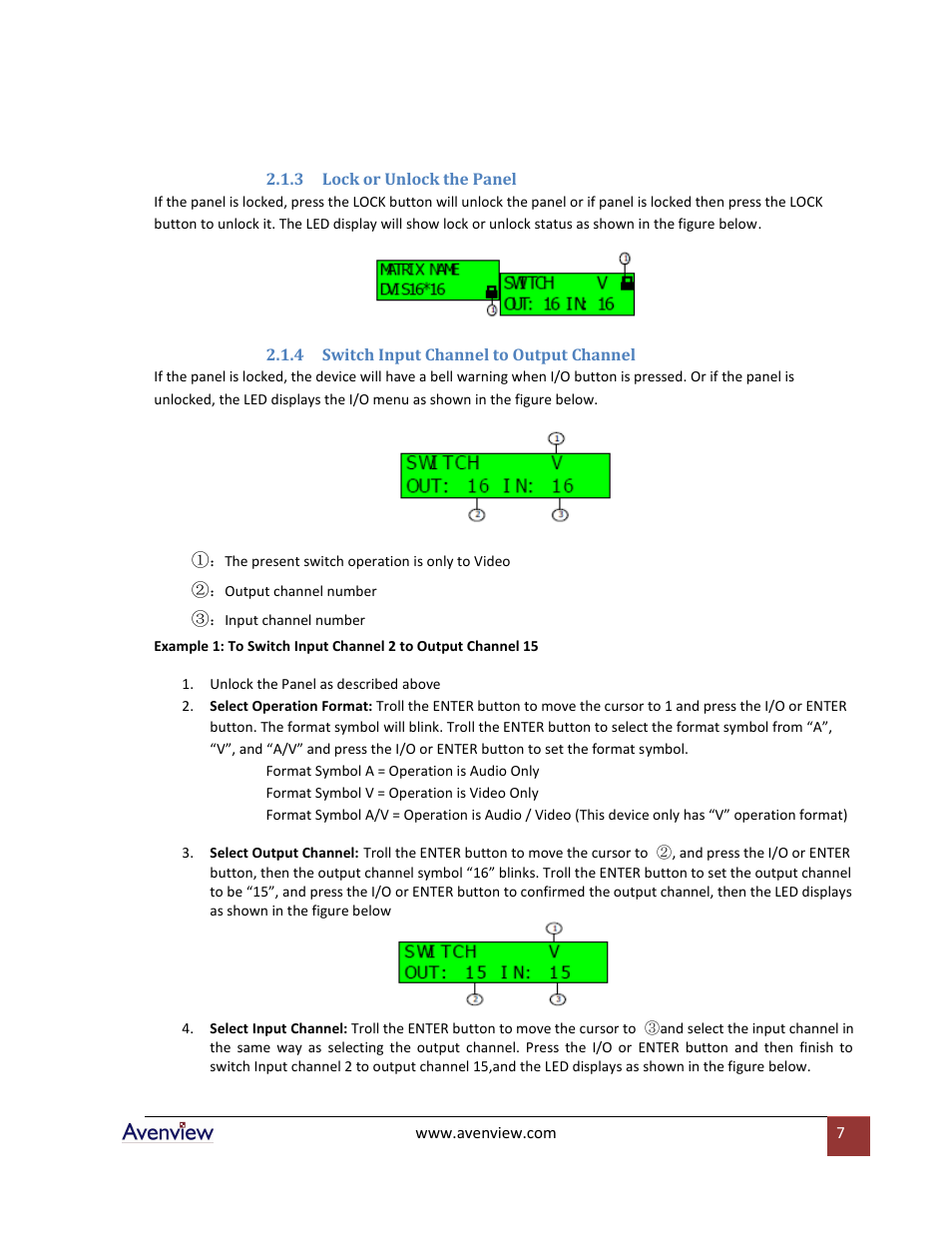 Lock or unlock the panel, Switch input channel to output channel | Avenview SW-DVI-16X16 User Manual | Page 7 / 29