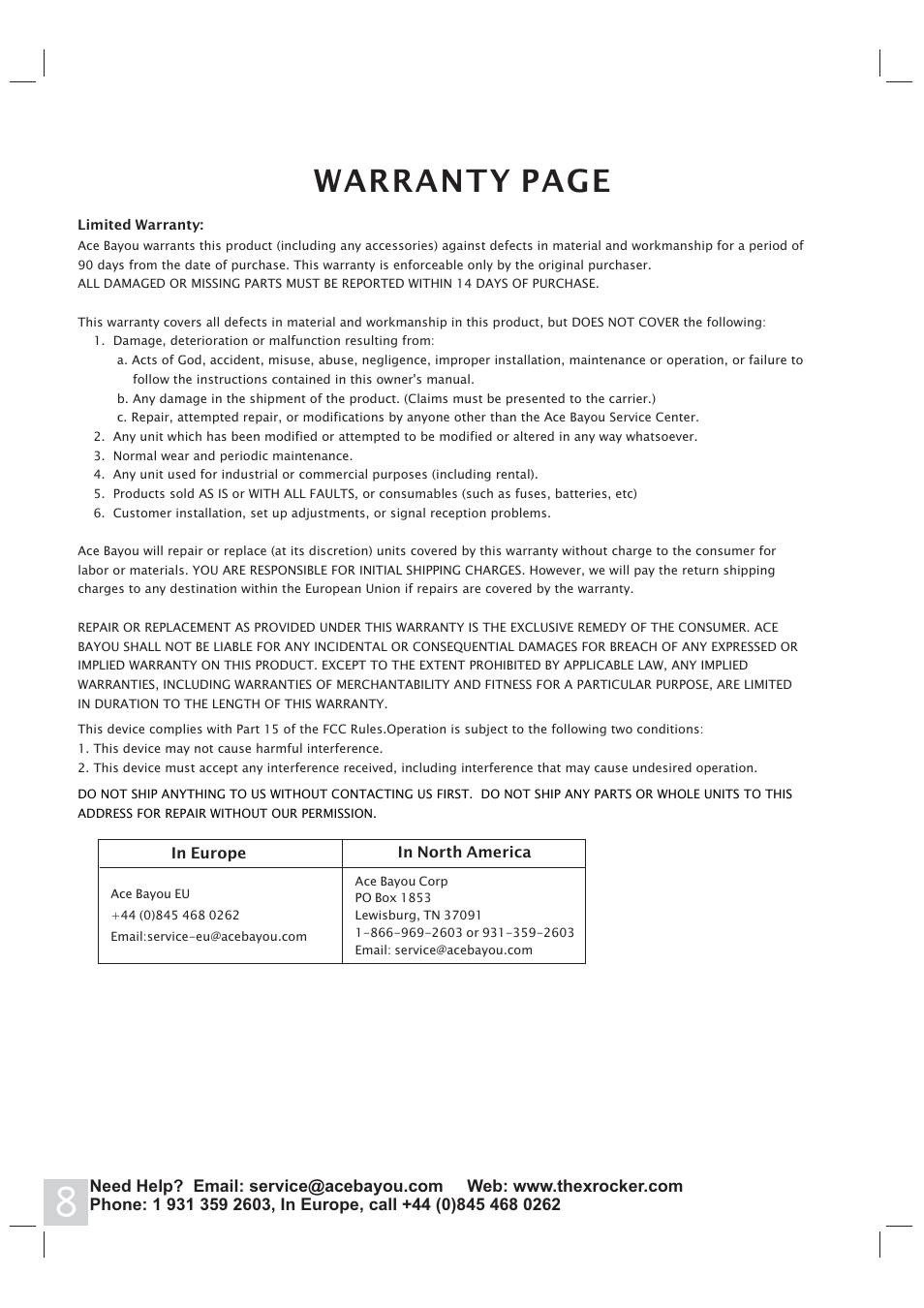Warranty page | X Rockers 51475 User Manual | Page 8 / 8