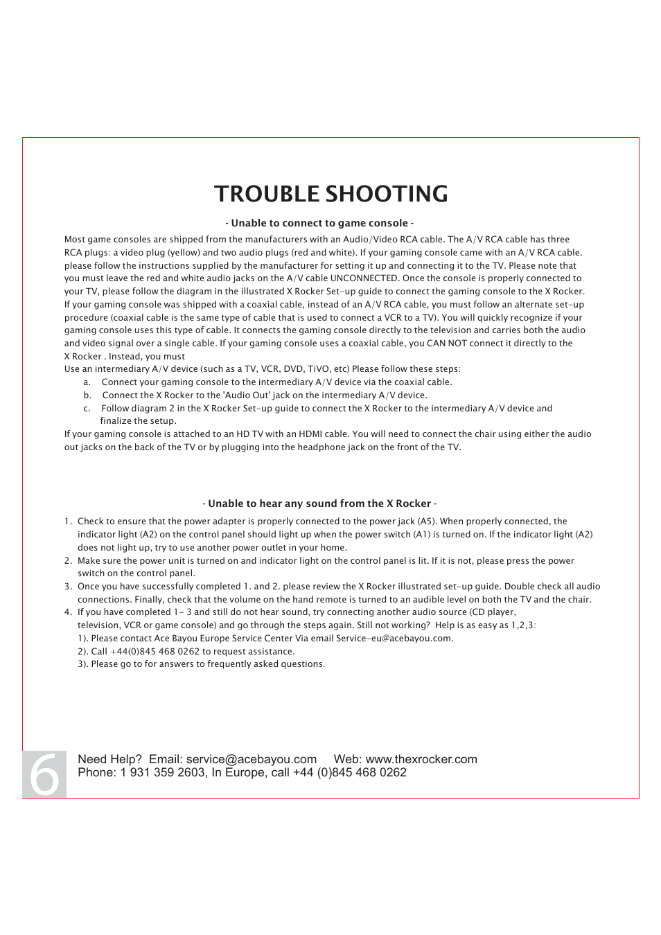 Trouble shooting | X Rockers 51476 User Manual | Page 6 / 7