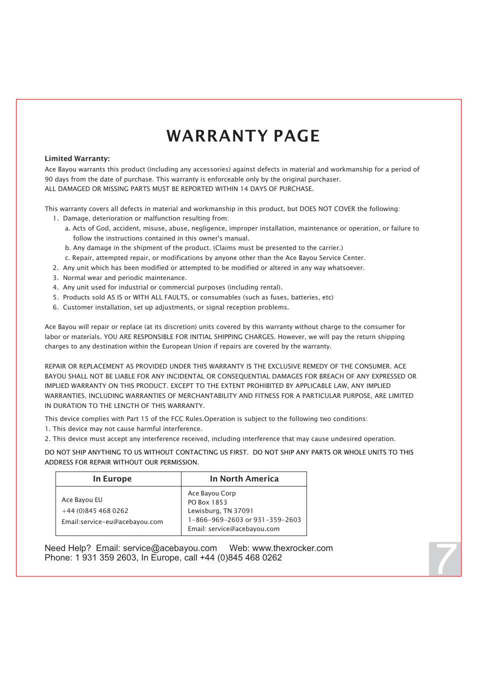 Warranty page | X Rockers 51476 User Manual | Page 7 / 7