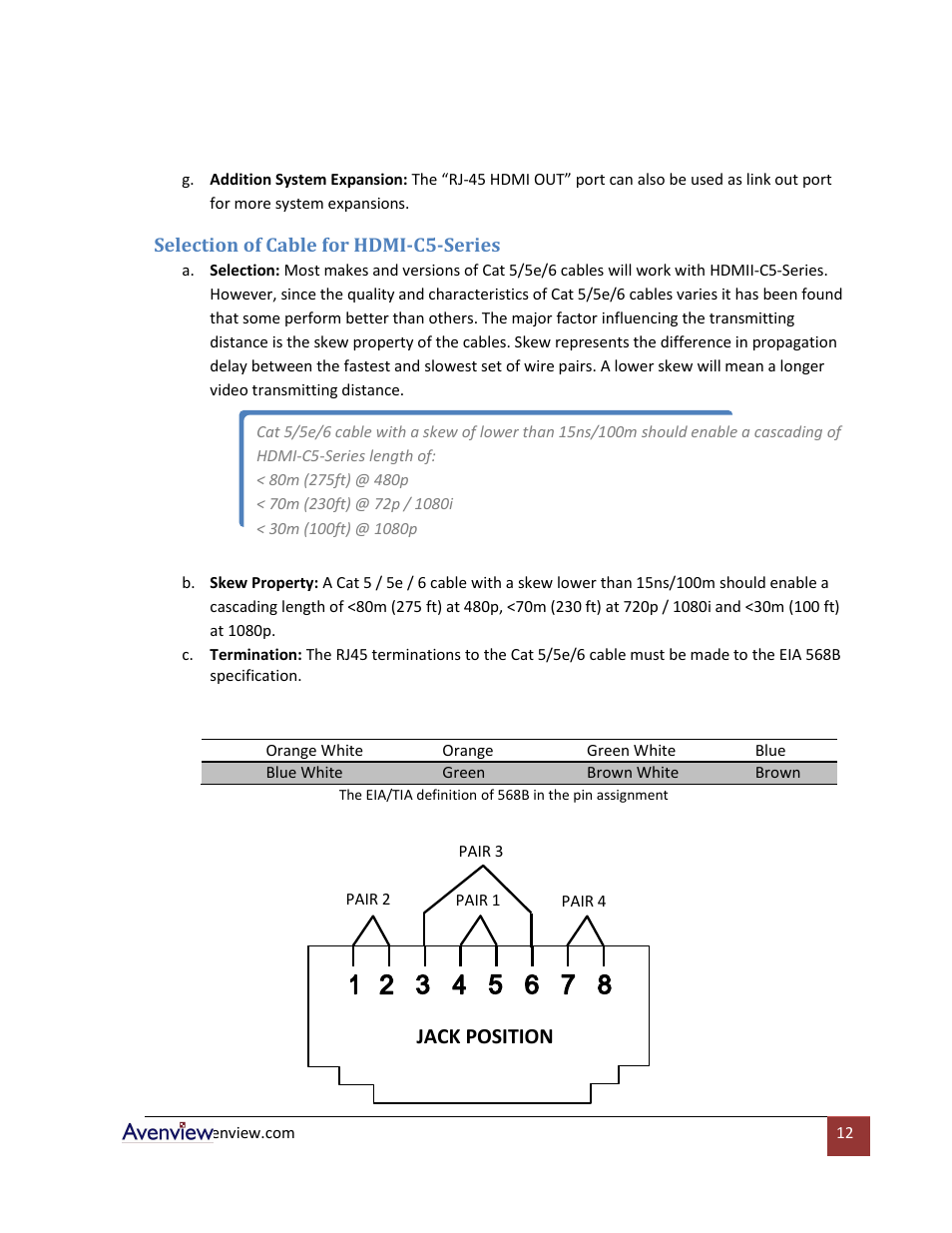 Selection of cable for hdmi-c5-series, Selection of cable, Jack position | Avenview HDMI-C5 User Manual | Page 12 / 16