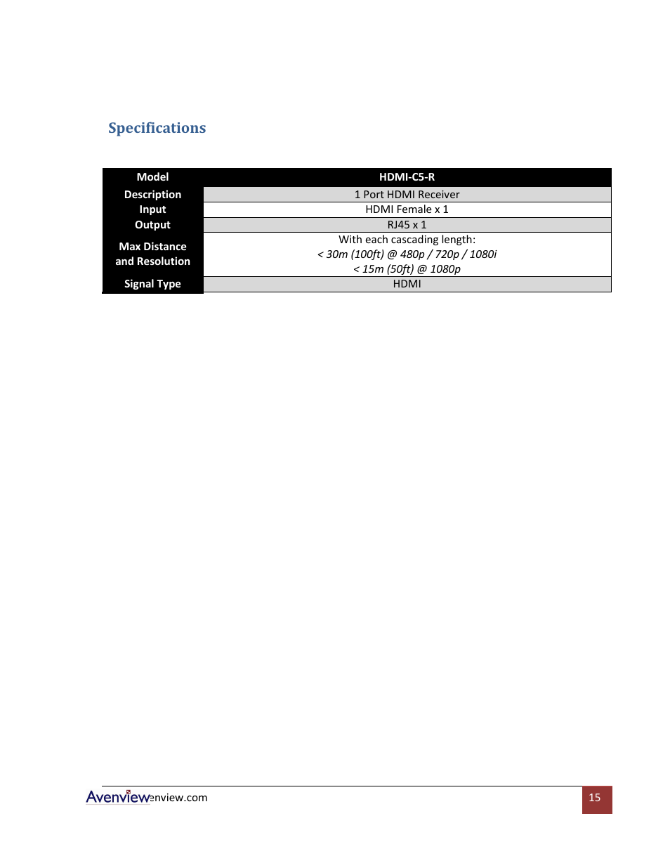 Specifications | Avenview HDMI-C5 User Manual | Page 15 / 16