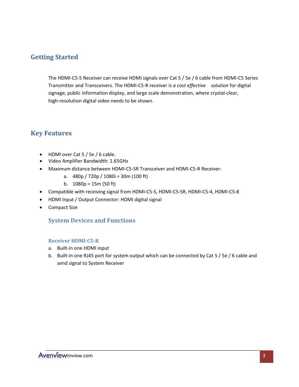 Getting started, Key features, System devices and functions | Receiver hdmi-c5-r | Avenview HDMI-C5 User Manual | Page 3 / 16