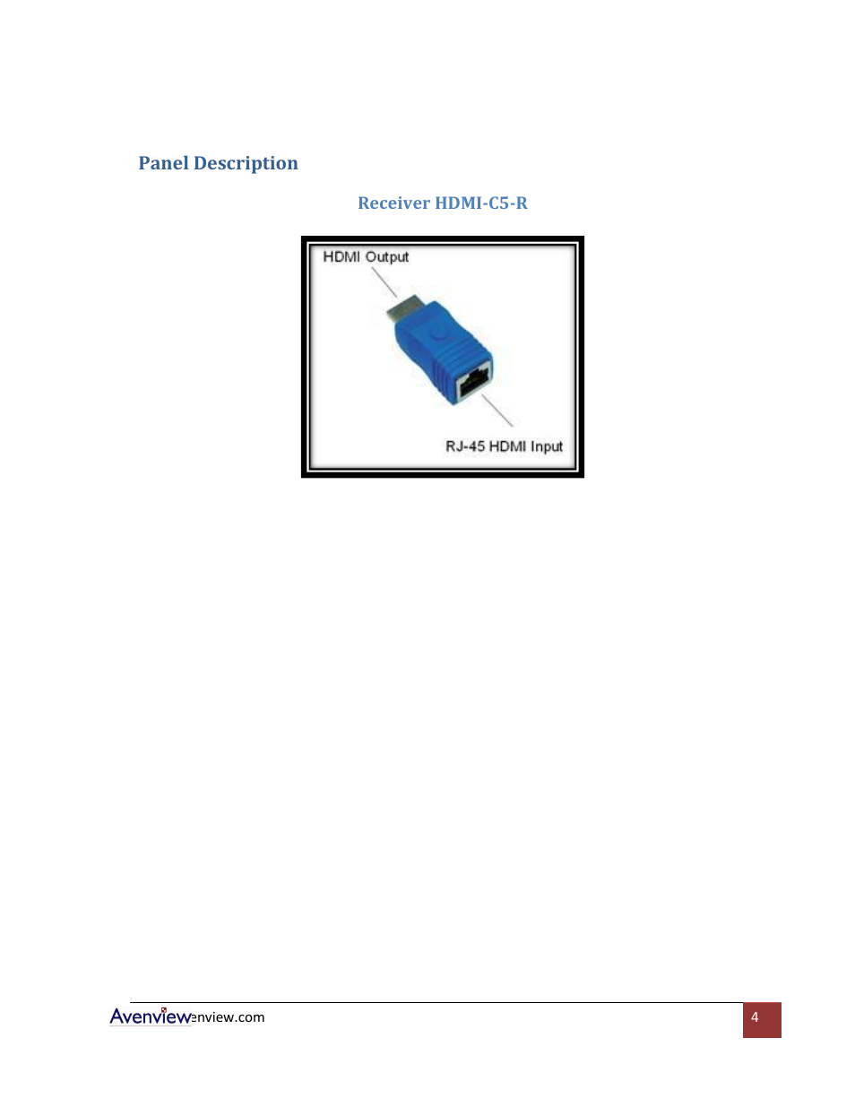 Panel description, Receiver hdmi-c5-r | Avenview HDMI-C5 User Manual | Page 4 / 16