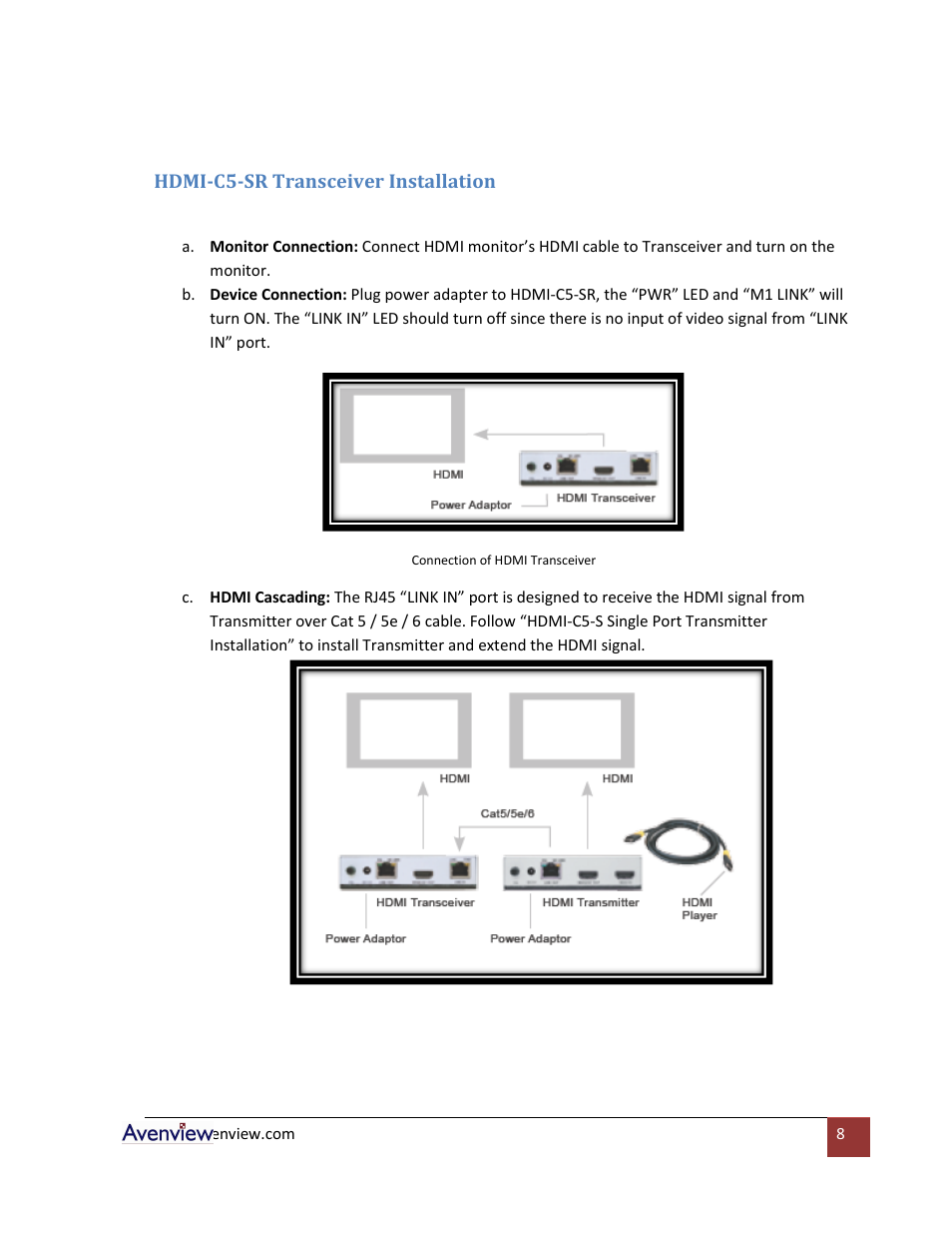 Hdmi-c5-sr transceiver installation | Avenview HDMI-C5 User Manual | Page 8 / 16