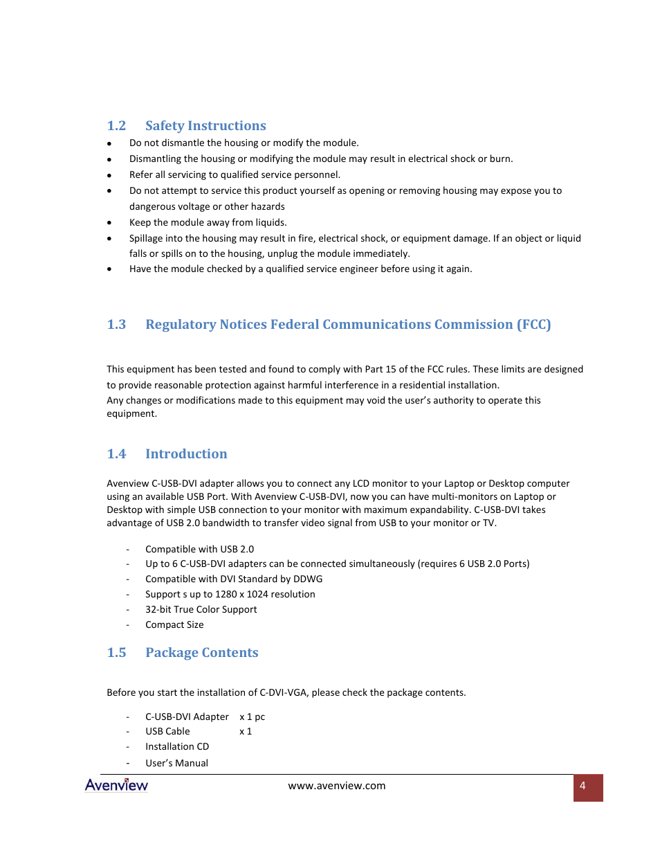 Safety instructions, Introduction, Package contents | 2 safety instructions, 4 introduction, 5 package contents | Avenview C-USB-DVI User Manual | Page 4 / 6